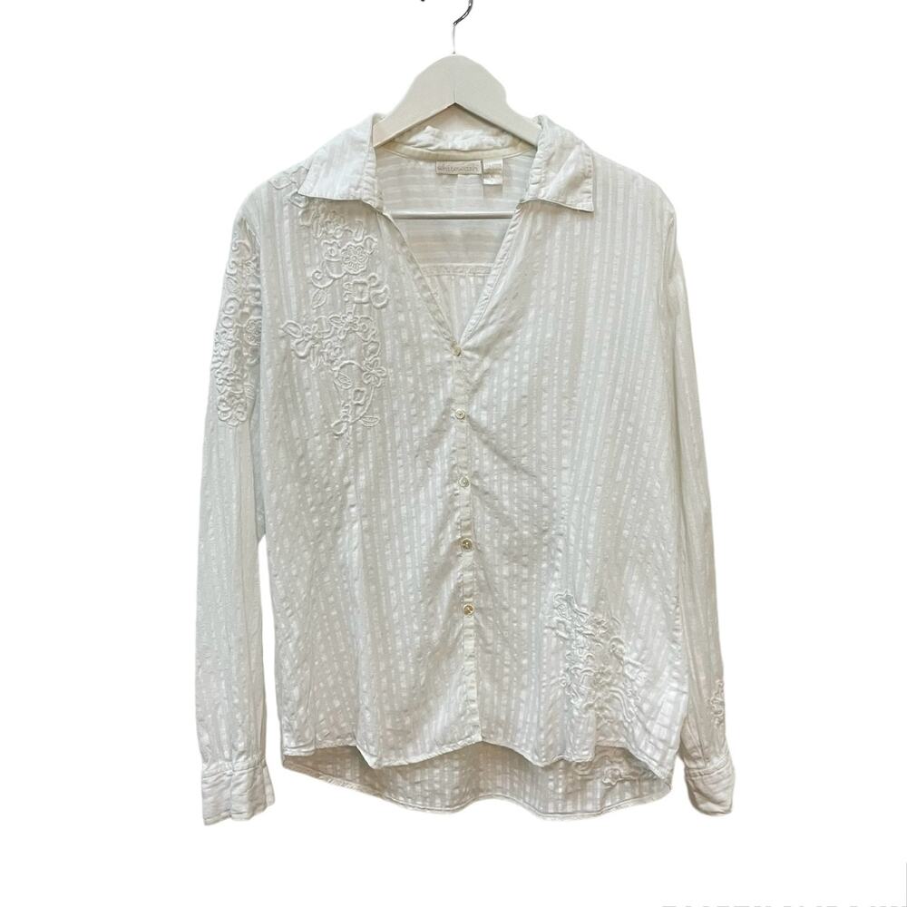Whitewash 100% Cotton Size XL White Floral Embroidered Striped Button-Down Shirt